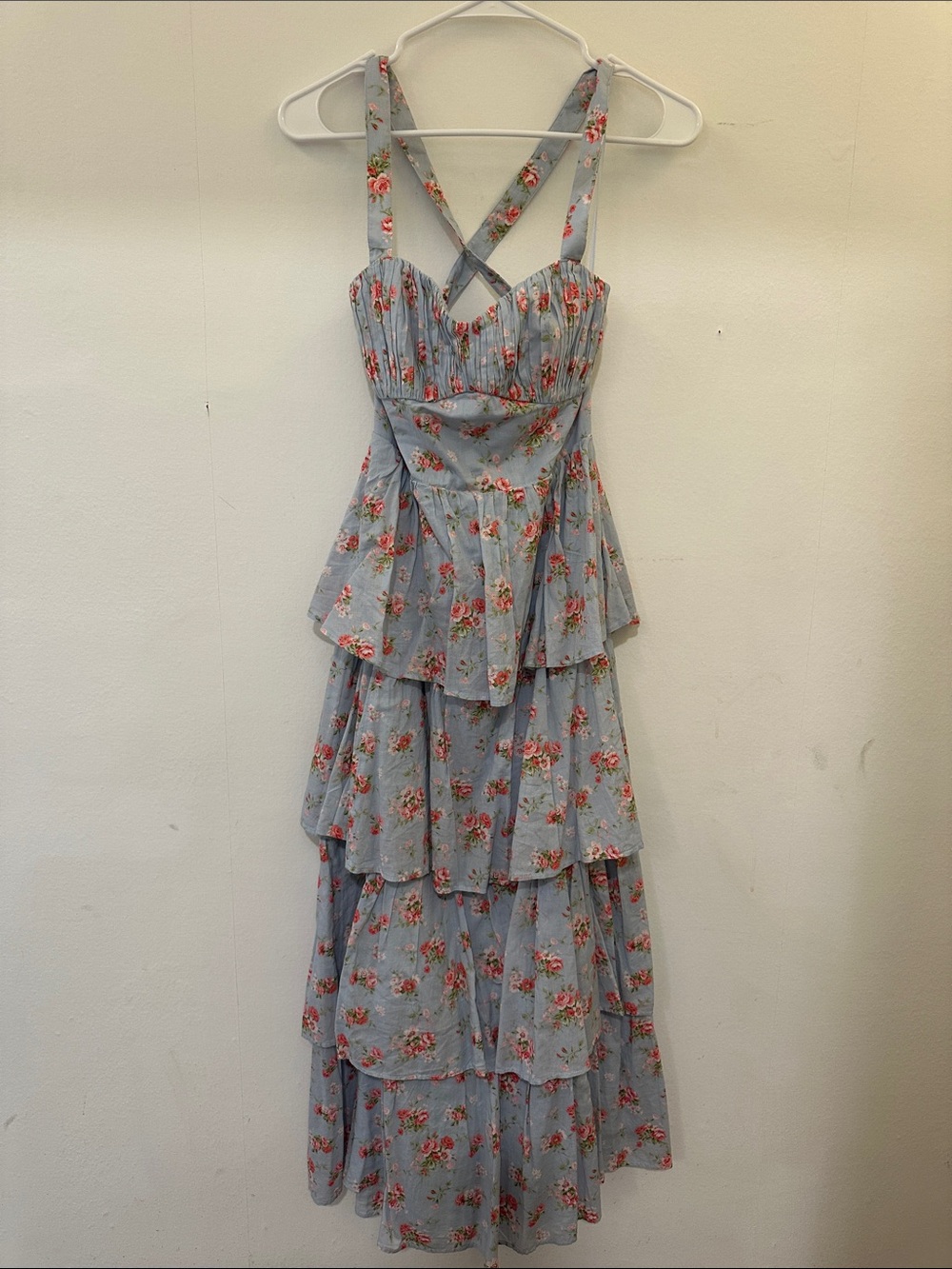 Abercrombie Blue Floral Tiered Sundress with Crisscross Straps